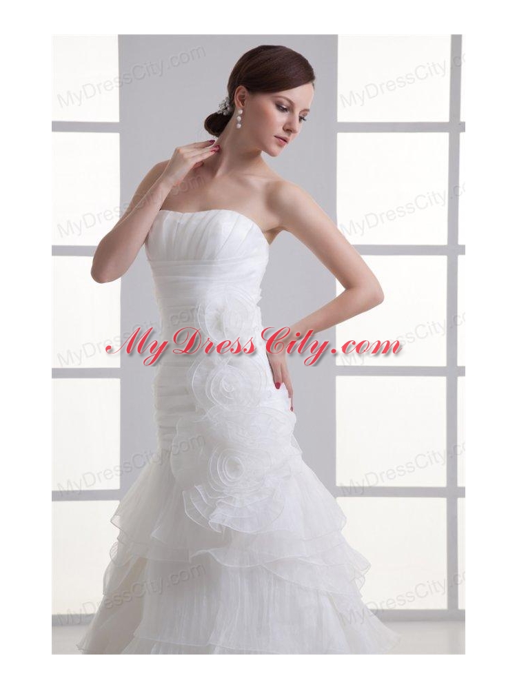 Strapless Hand Made Flowers Ruffled Layers Ruching Court Train Wedding Dress