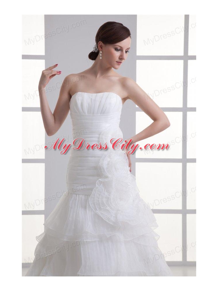 Strapless Hand Made Flowers Ruffled Layers Ruching Court Train Wedding Dress