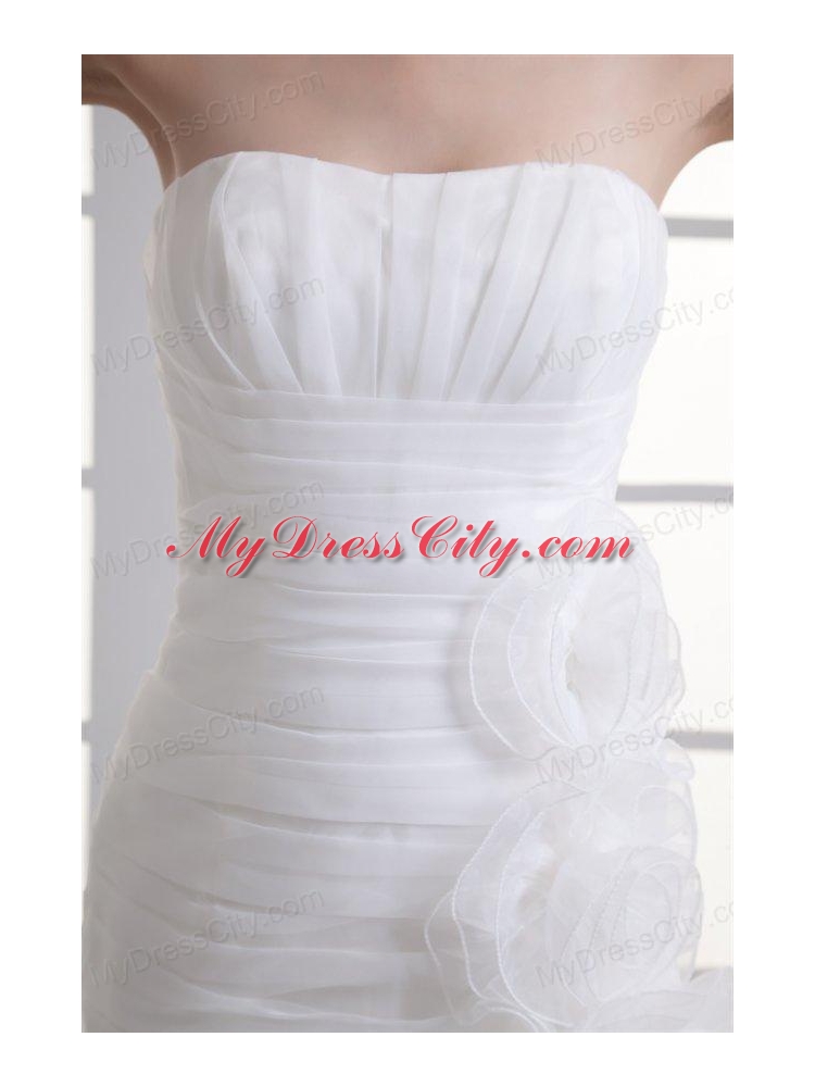 Strapless Hand Made Flowers Ruffled Layers Ruching Court Train Wedding Dress