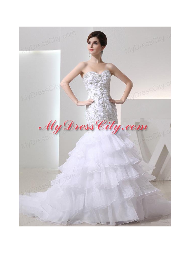 2014 Popular Mermaid Sweetheart Ruffled Layers Wedding  Dress with Lace