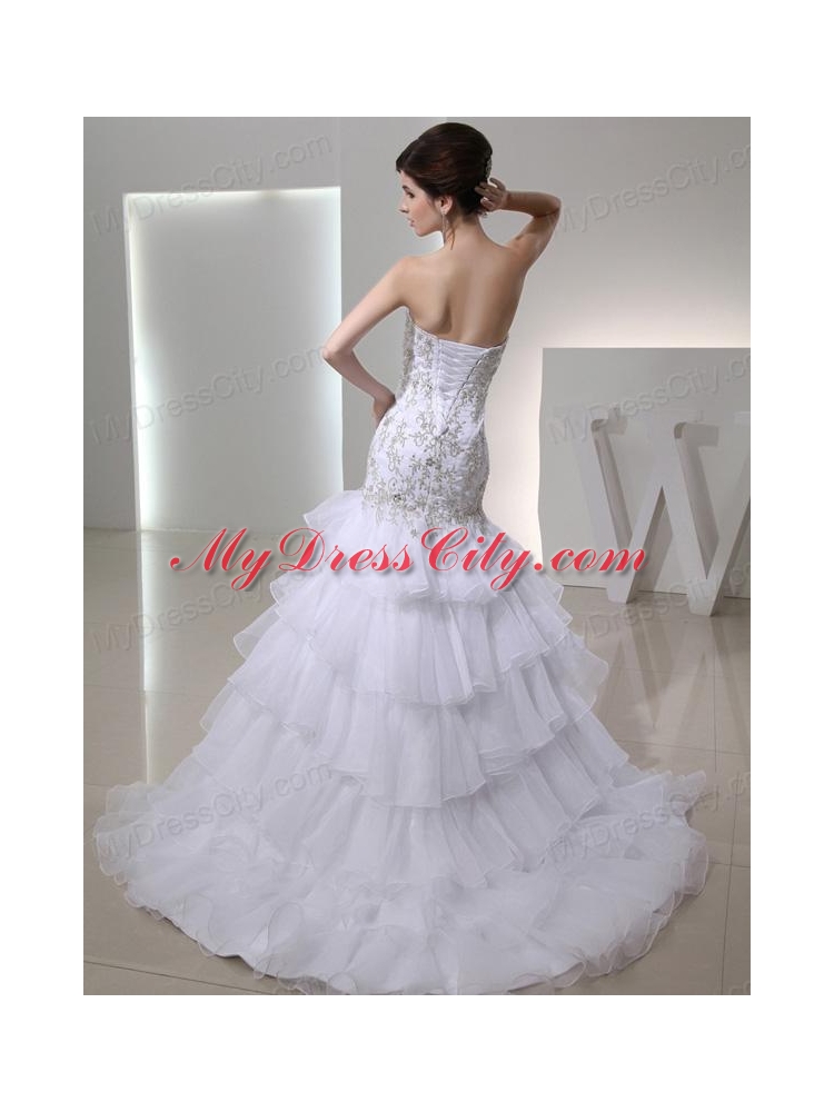 2014 Popular Mermaid Sweetheart Ruffled Layers Wedding  Dress with Lace