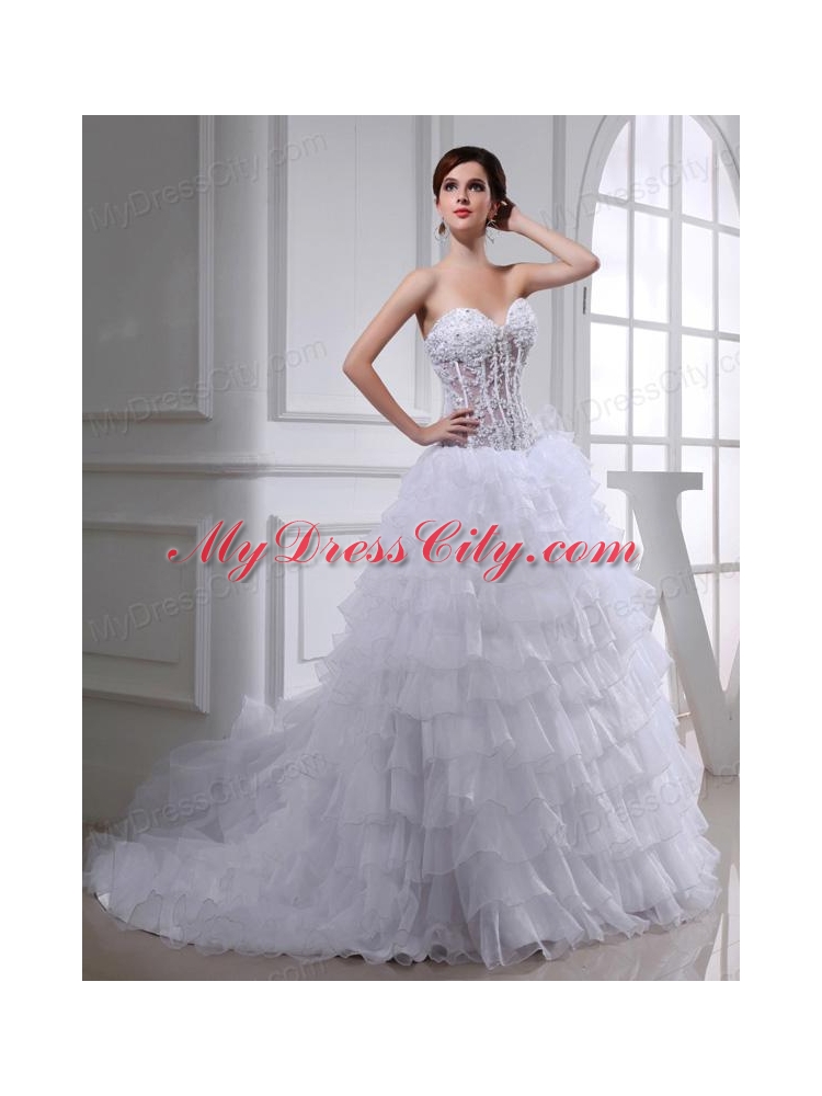 2014 Spring A-line Sweetheart Organza Appliques Ruffled Layers Wedding Dress