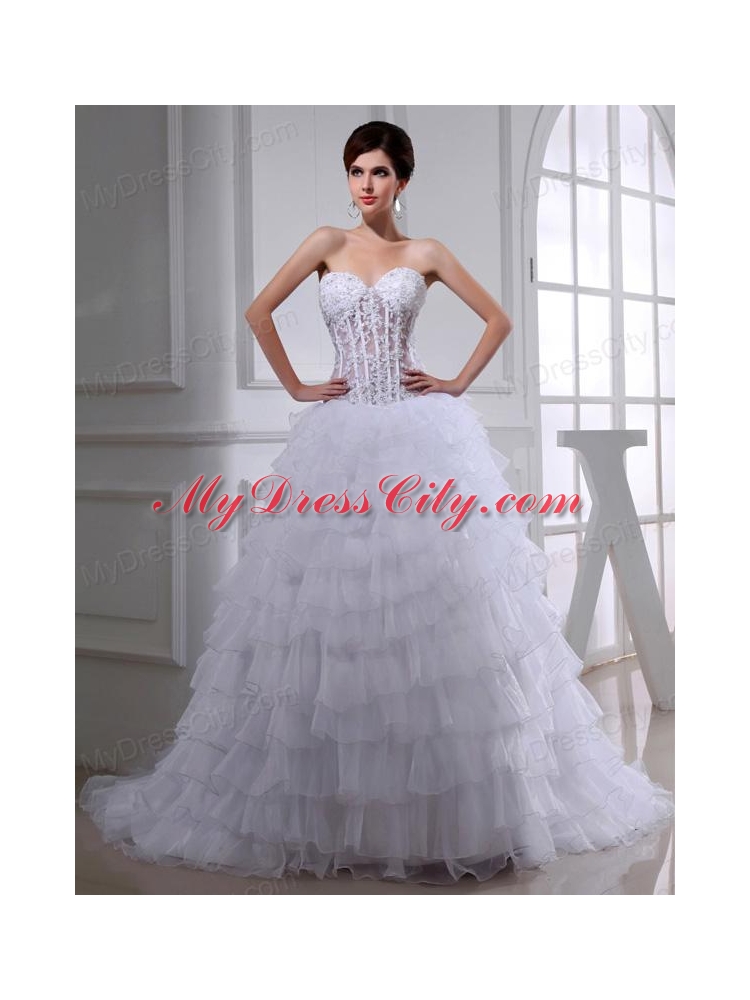 2014 Spring A-line Sweetheart Organza Appliques Ruffled Layers Wedding Dress