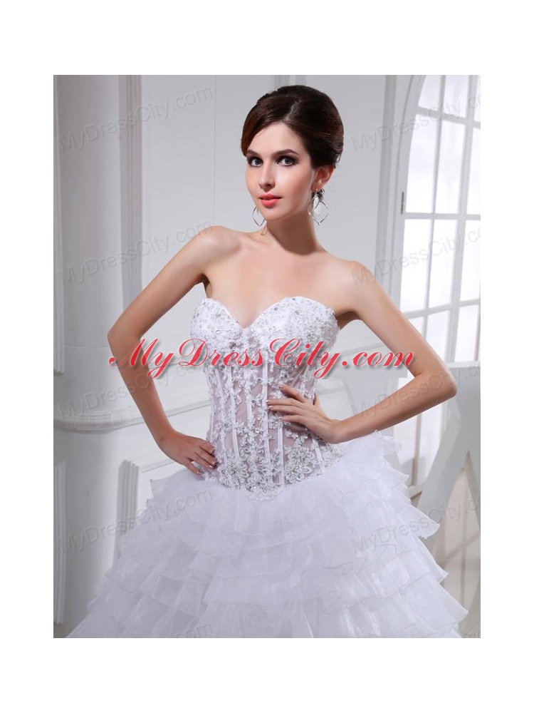 2014 Spring A-line Sweetheart Organza Appliques Ruffled Layers Wedding Dress