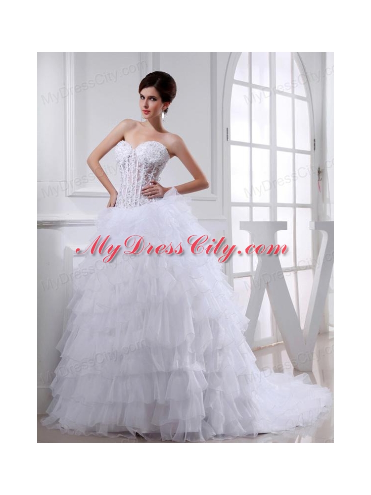 2014 Spring A-line Sweetheart Organza Appliques Ruffled Layers Wedding Dress