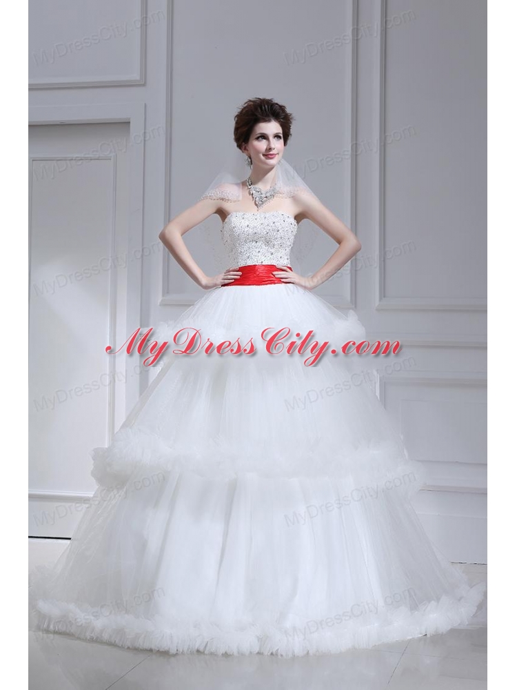 2014 Spring Beautiful Ball Gown Strapless Beading Ruffled Layers Chapel Train Wedding Dress