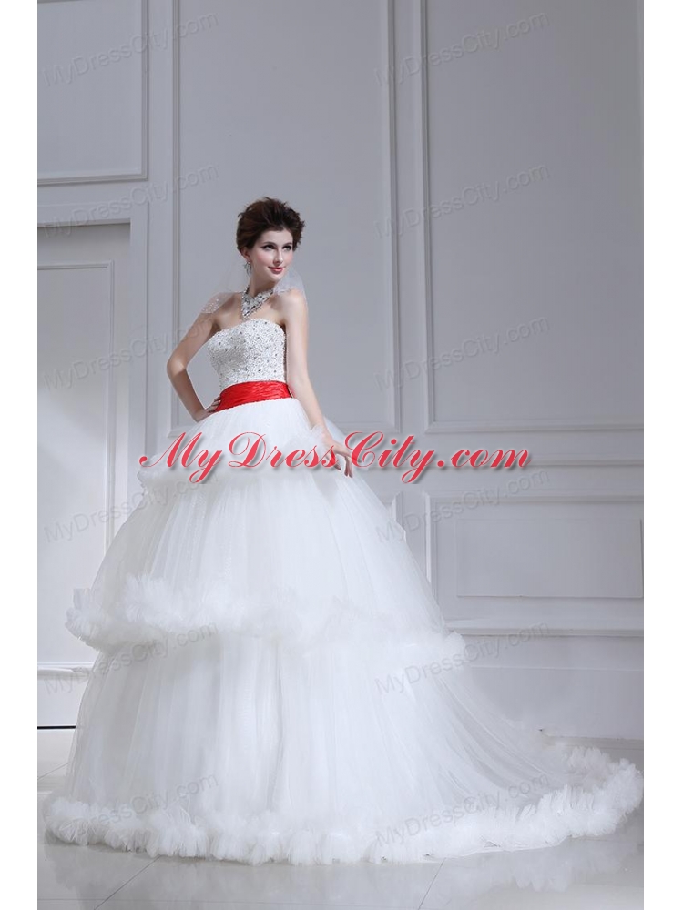 2014 Spring Beautiful Ball Gown Strapless Beading Ruffled Layers Chapel Train Wedding Dress