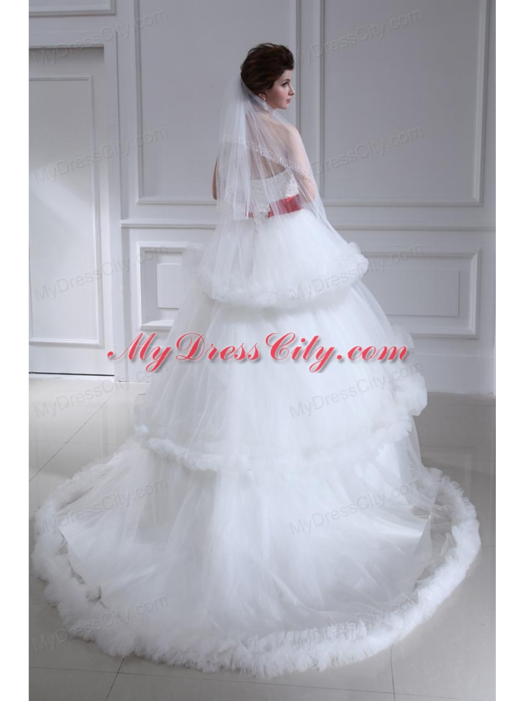 2014 Spring Beautiful Ball Gown Strapless Beading Ruffled Layers Chapel Train Wedding Dress