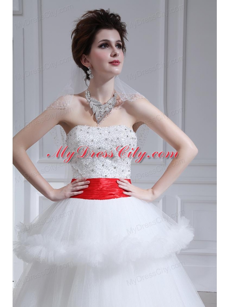 2014 Spring Beautiful Ball Gown Strapless Beading Ruffled Layers Chapel Train Wedding Dress