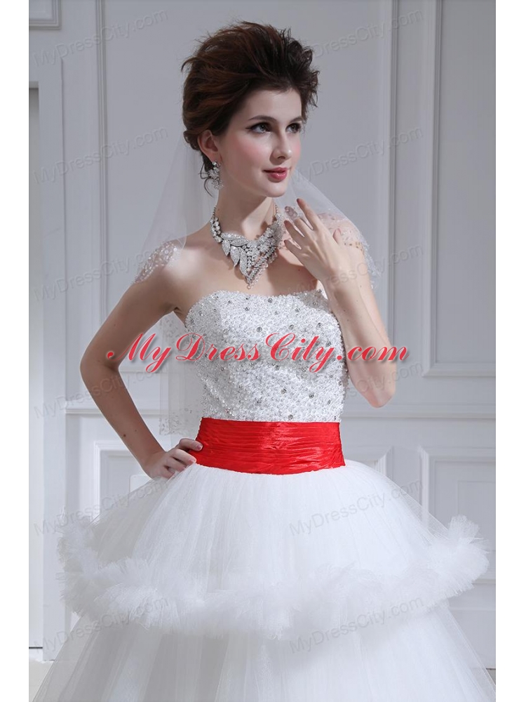 2014 Spring Beautiful Ball Gown Strapless Beading Ruffled Layers Chapel Train Wedding Dress