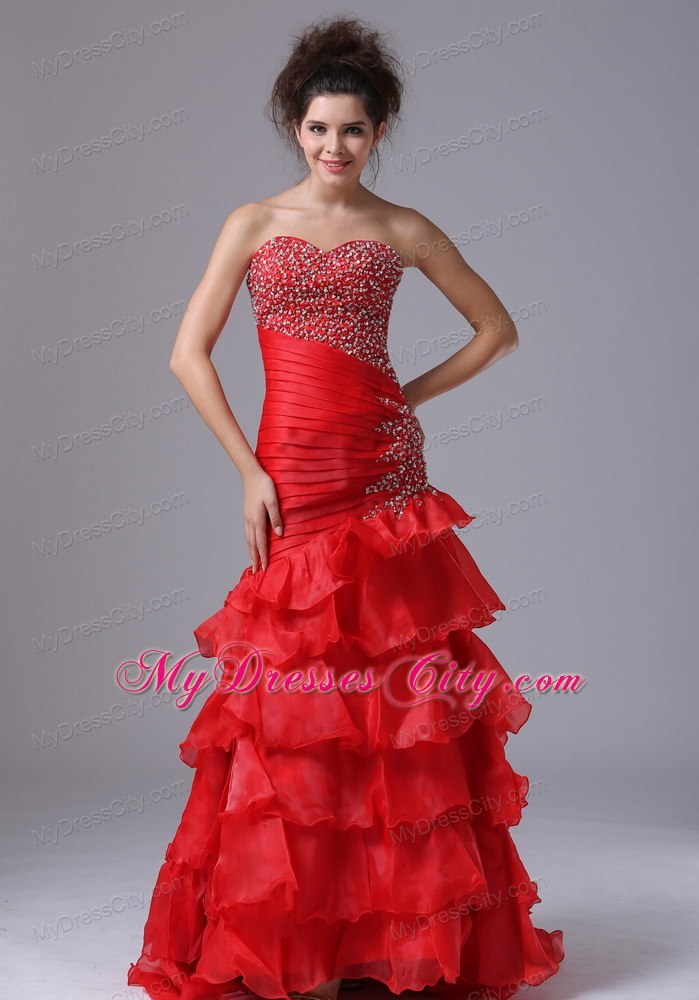 Ruffled Layers Beaded Ruching Wine Red Organza Formal Evening Dresses