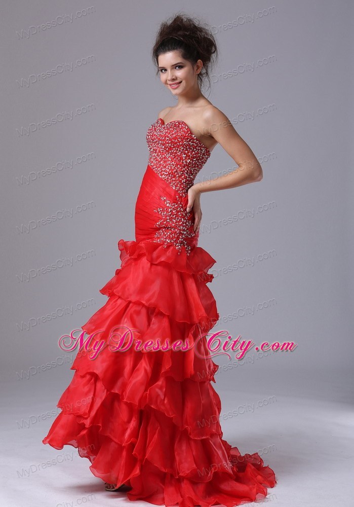 Ruffled Layers Beaded Ruching Wine Red Organza Formal Evening Dresses