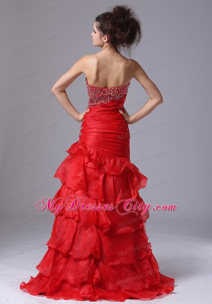 Ruffled Layers Beaded Ruching Wine Red Organza Formal Evening Dresses