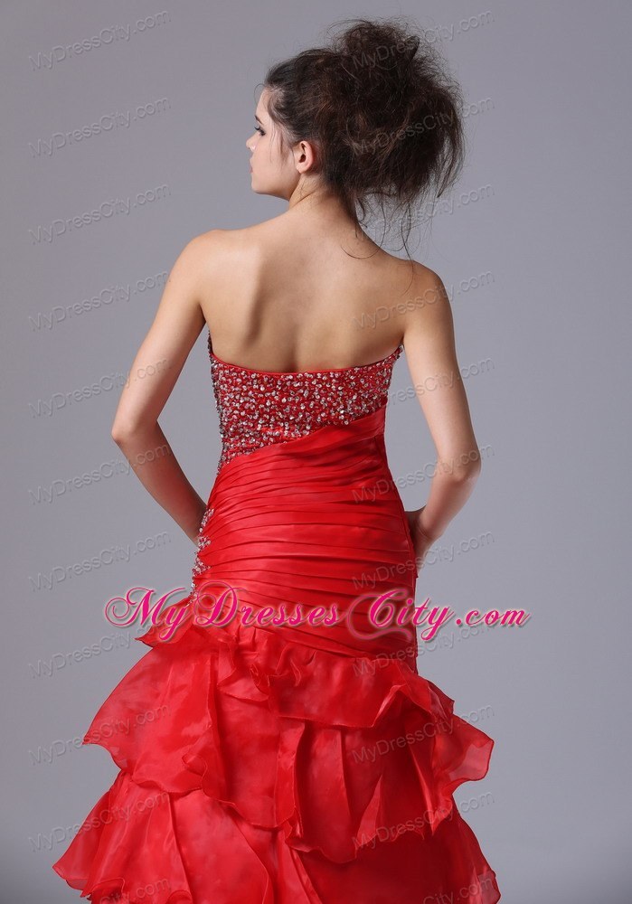 Ruffled Layers Beaded Ruching Wine Red Organza Formal Evening Dresses