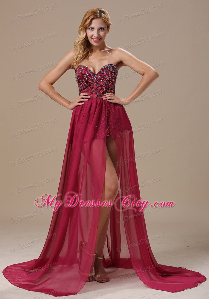 Sexy High Slit Beaded Chiffon Court Train Wine Red Prom Evening Dress 2013