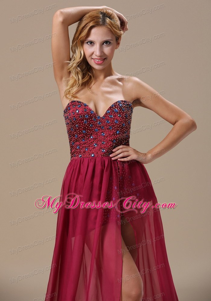 Sexy High Slit Beaded Chiffon Court Train Wine Red Prom Evening Dress 2013