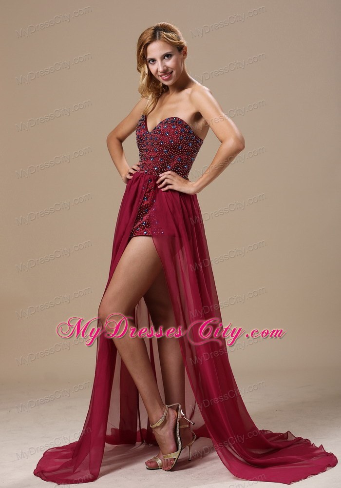 Sexy High Slit Beaded Chiffon Court Train Wine Red Prom Evening Dress 2013