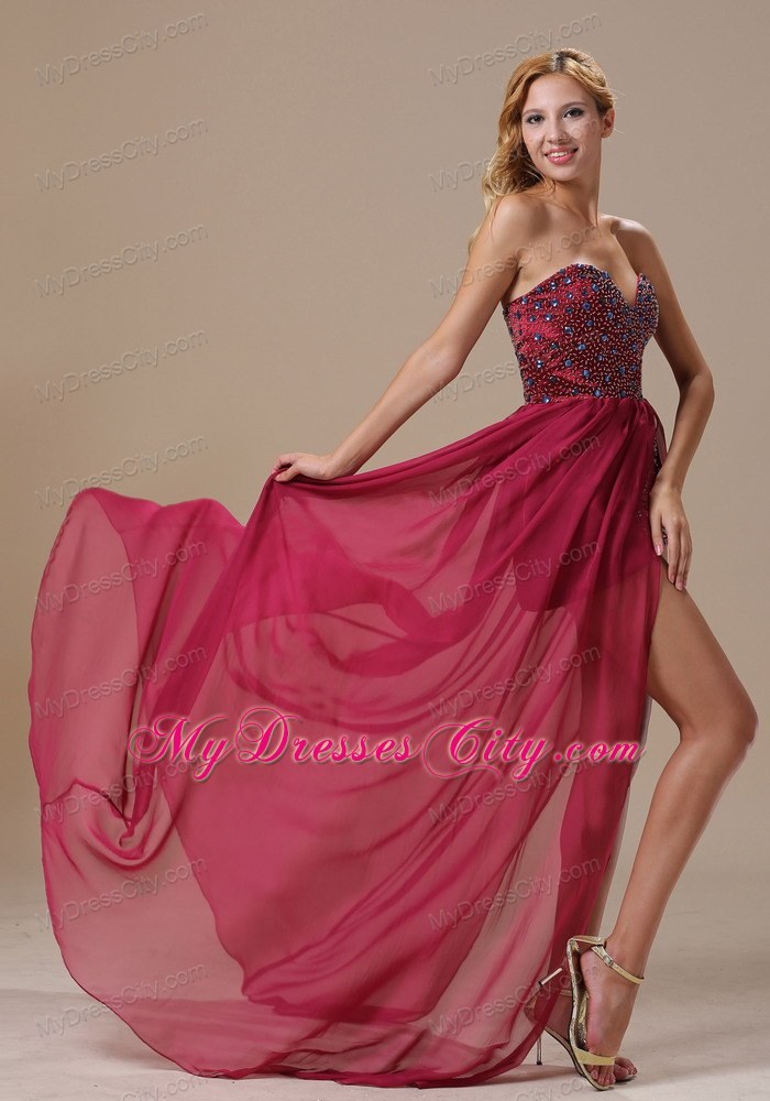 Sexy High Slit Beaded Chiffon Court Train Wine Red Prom Evening Dress 2013