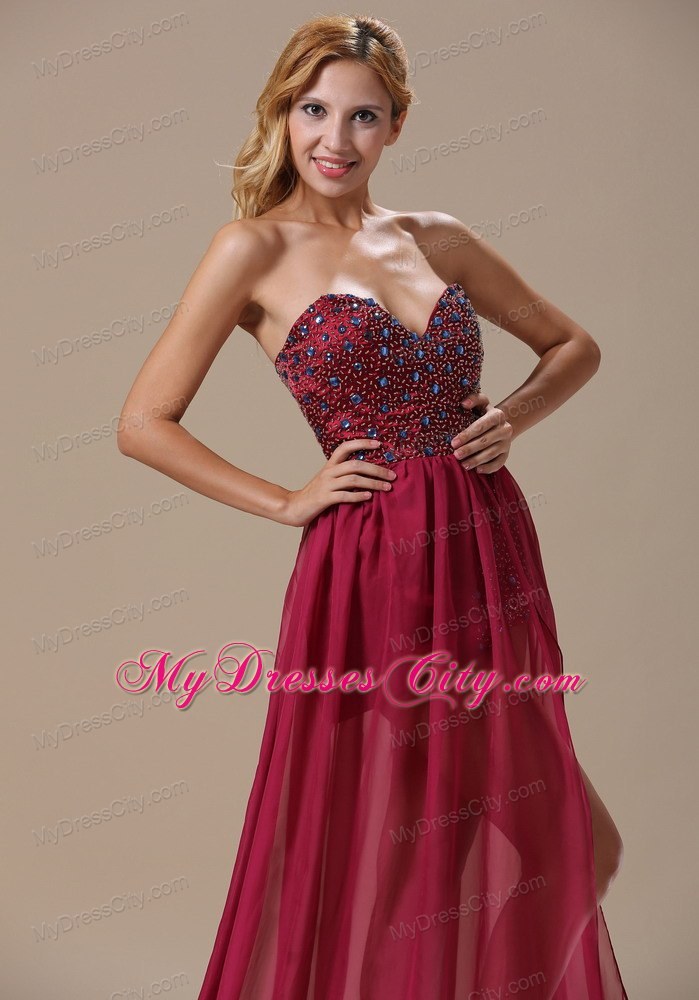 Sexy High Slit Beaded Chiffon Court Train Wine Red Prom Evening Dress 2013