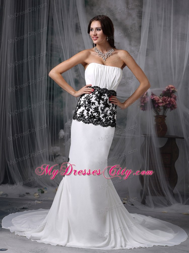 Black Lace Mermaid Chapel Train Chiffon White Evening Dresses for Celebrity