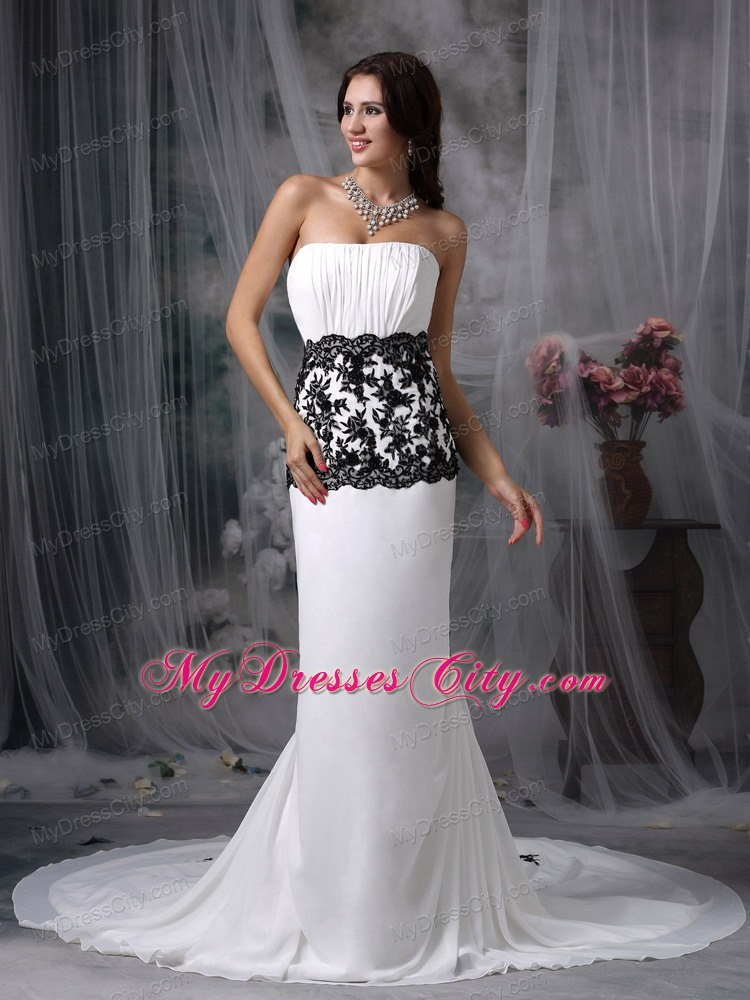 Black Lace Mermaid Chapel Train Chiffon White Evening Dresses for Celebrity