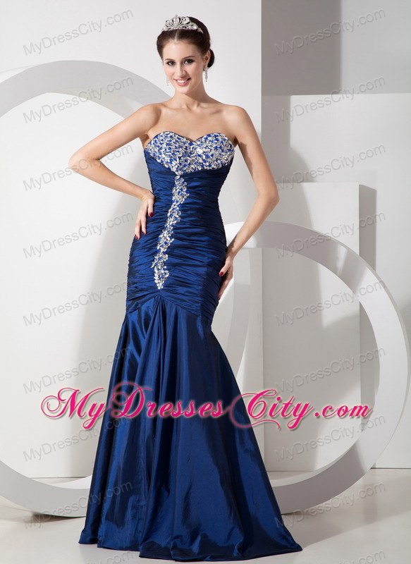 Navy Blue Ruching Mermaid Sweetheart Evening Formal Gowns with Rhinestones