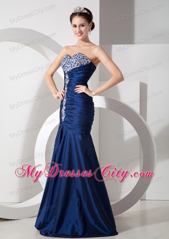 Navy Blue Ruching Mermaid Sweetheart Evening Formal Gowns with Rhinestones