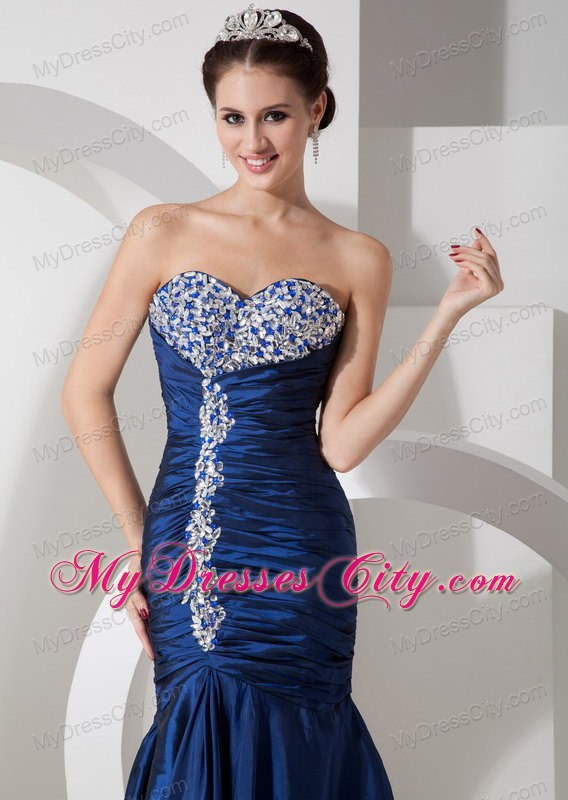 Navy Blue Ruching Mermaid Sweetheart Evening Formal Gowns with Rhinestones