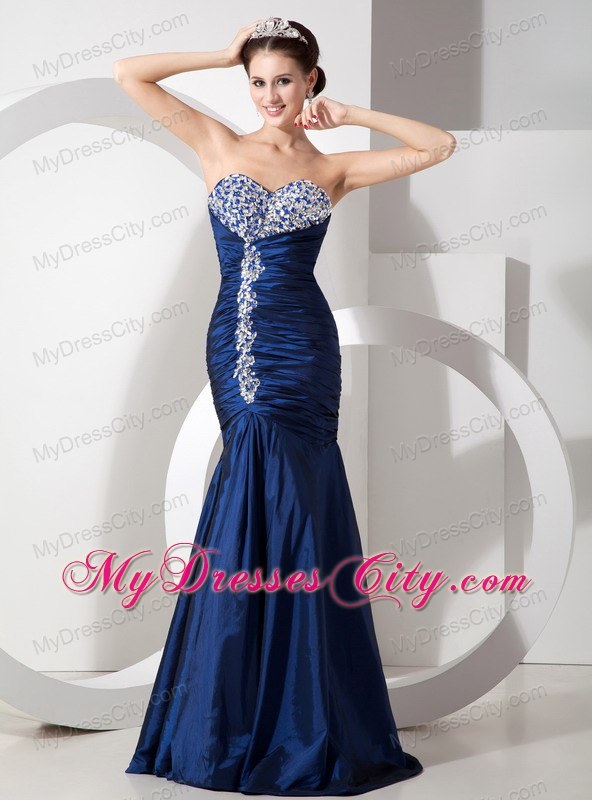 Navy Blue Ruching Mermaid Sweetheart Evening Formal Gowns with Rhinestones