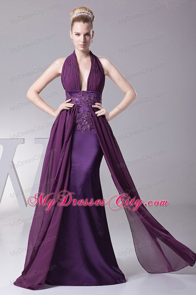 Purple Embroidery Ruching Chiffon Backless 2013 Evening Dress for Celebrity