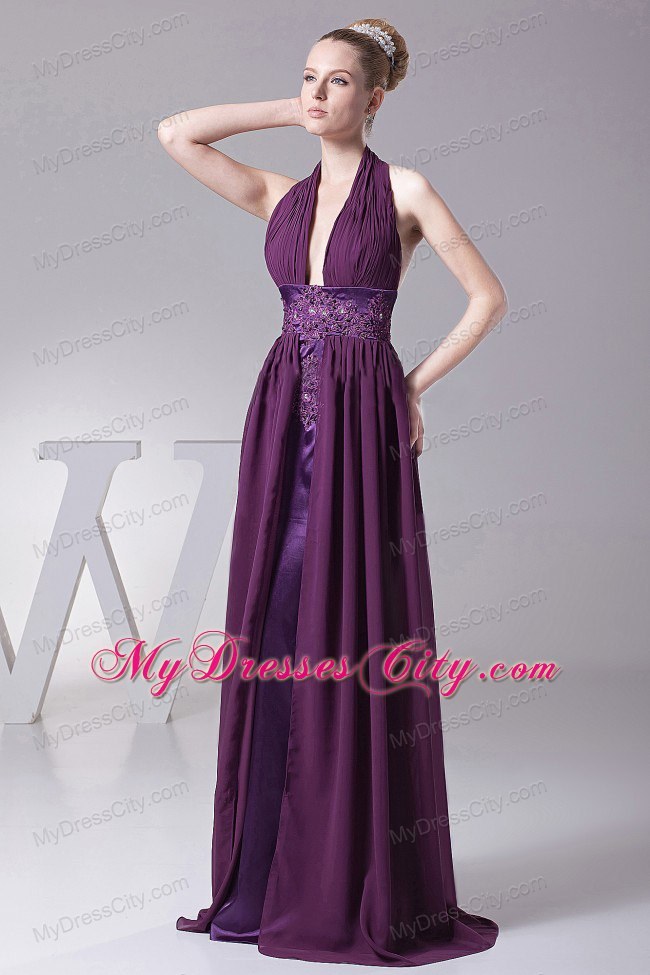 Purple Embroidery Ruching Chiffon Backless 2013 Evening Dress for Celebrity