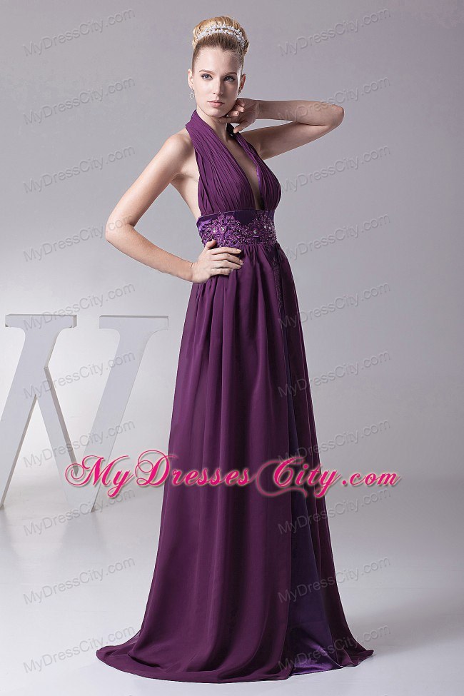 Purple Embroidery Ruching Chiffon Backless 2013 Evening Dress for Celebrity