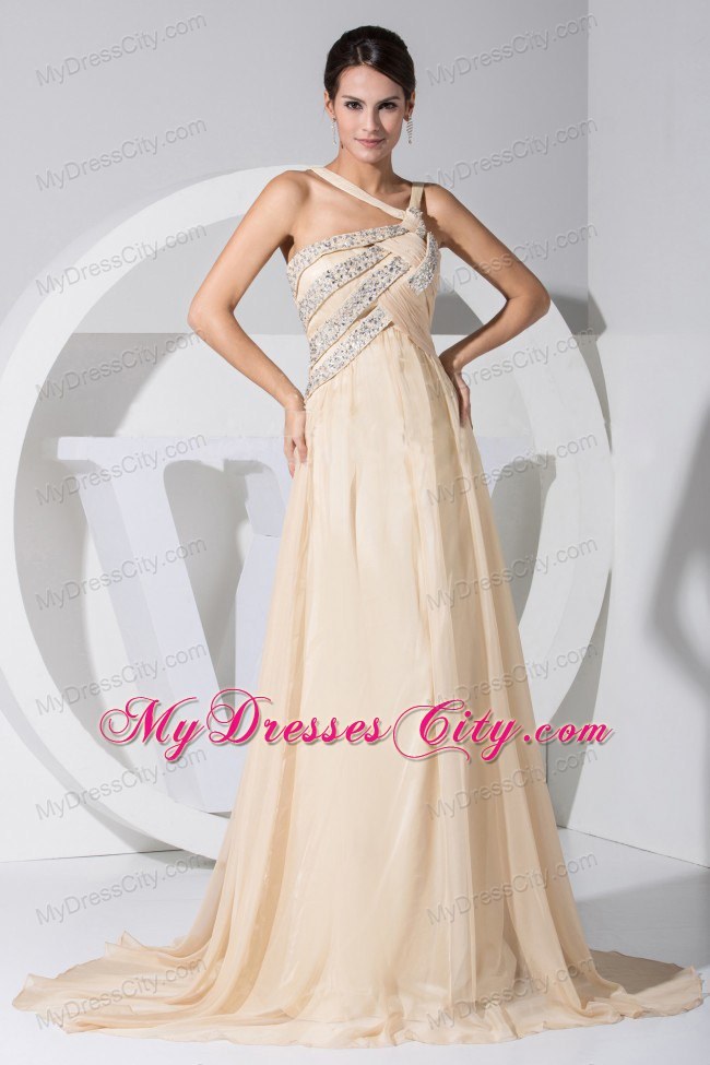 Champagne Empire Brush Train Plus Size Prom Evening Dresses with Cool Neckline