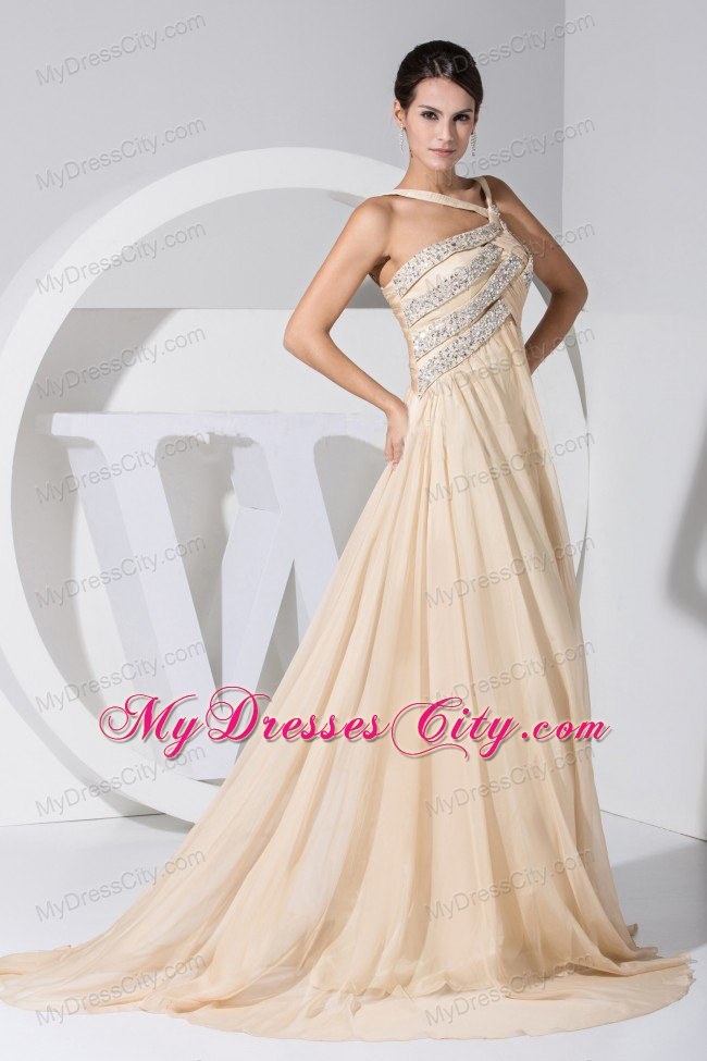 Champagne Empire Brush Train Plus Size Prom Evening Dresses with Cool Neckline