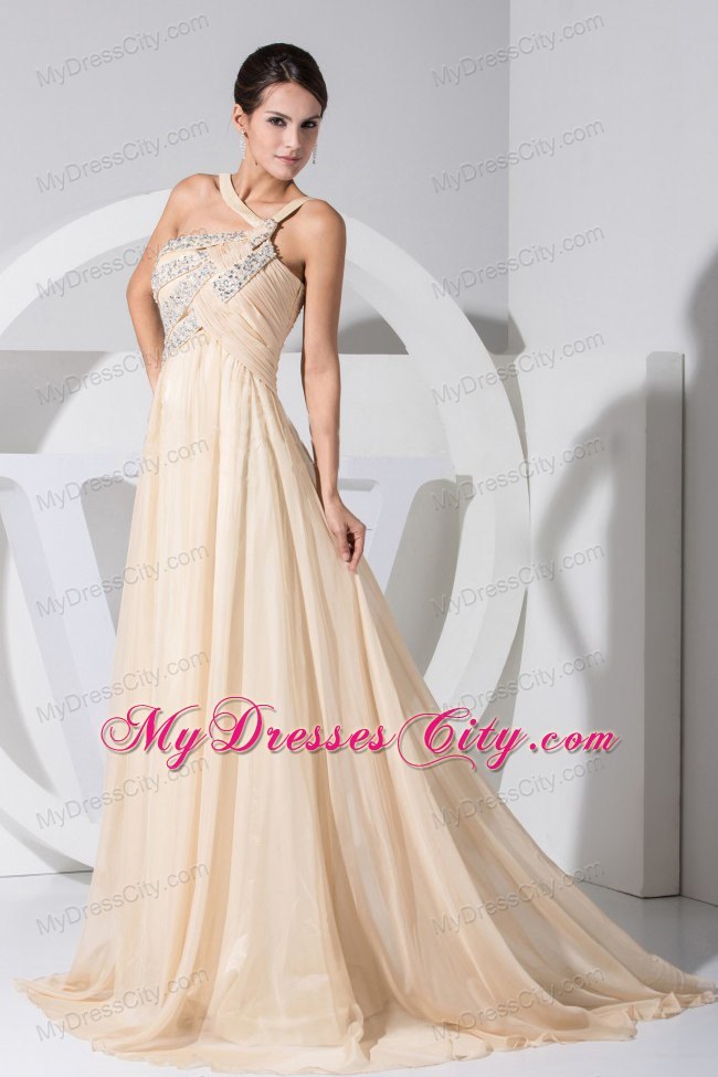 Champagne Empire Brush Train Plus Size Prom Evening Dresses with Cool Neckline