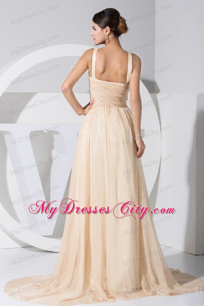 Champagne Empire Brush Train Plus Size Prom Evening Dresses with Cool Neckline