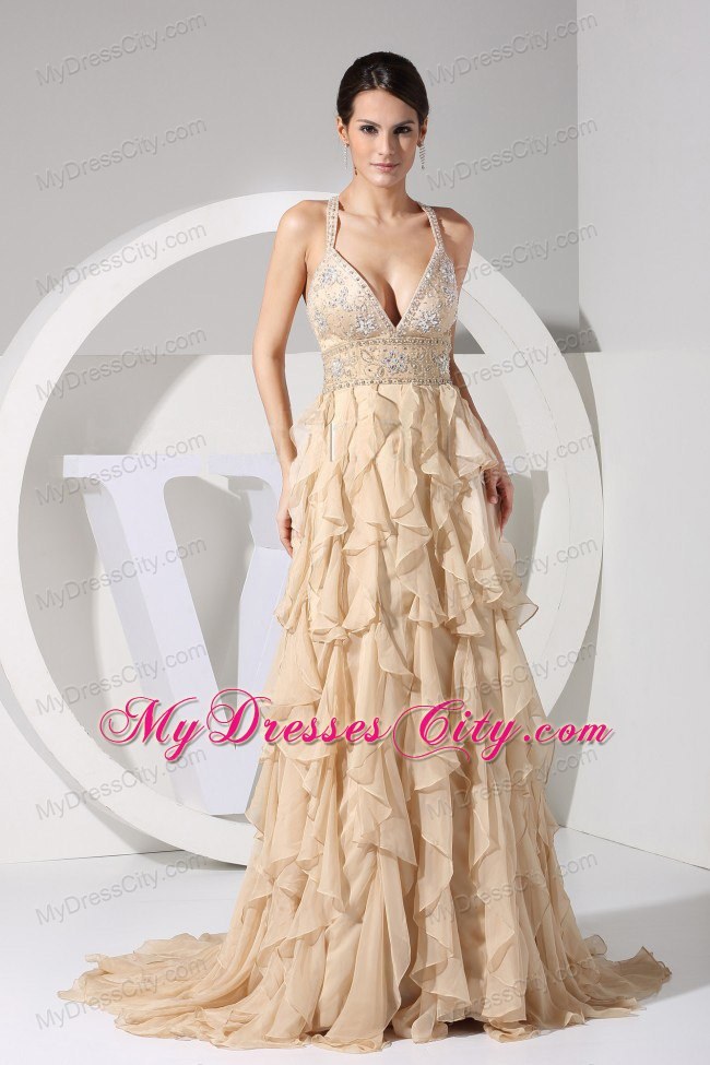 Spaghetti Straps Beaded Ruffles Brush Train Champagne Evening Formal Gowns