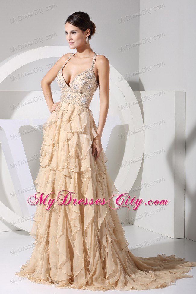 Spaghetti Straps Beaded Ruffles Brush Train Champagne Evening Formal Gowns