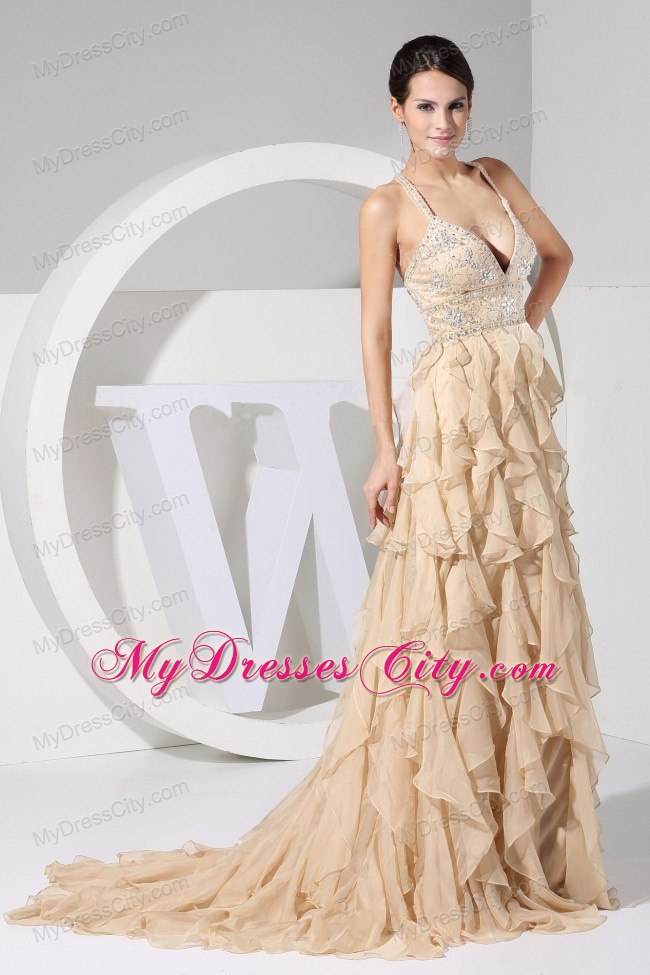 Spaghetti Straps Beaded Ruffles Brush Train Champagne Evening Formal Gowns