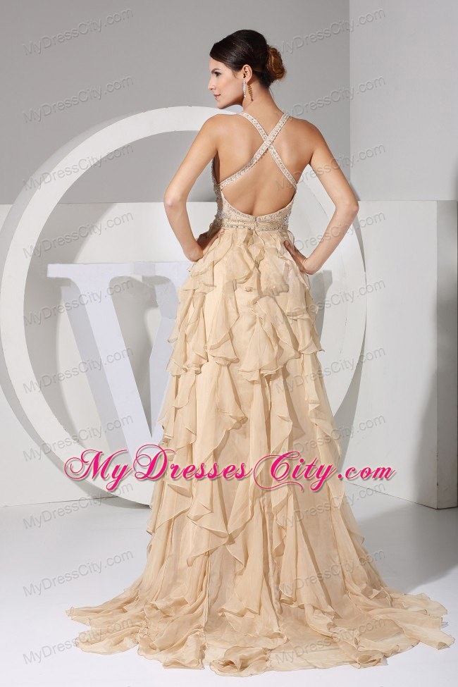 Spaghetti Straps Beaded Ruffles Brush Train Champagne Evening Formal Gowns