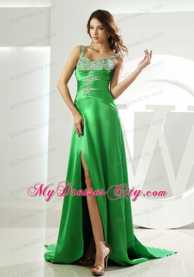 High Slit Beaded Straps Watteau Train Spring Green Evening Dresses for Celebrity