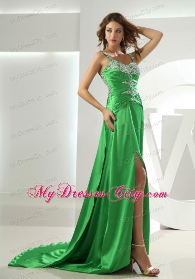 High Slit Beaded Straps Watteau Train Spring Green Evening Dresses for Celebrity