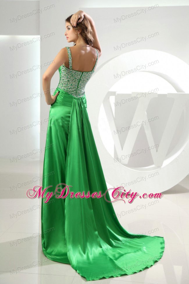 High Slit Beaded Straps Watteau Train Spring Green Evening Dresses for Celebrity