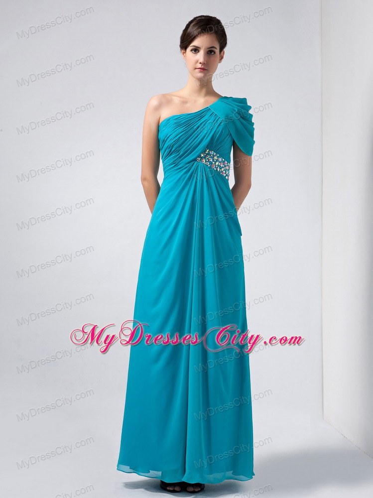 Ruching Beaded One Shoulder Short Sleeve Teal Chiffon Evening Party Dresses