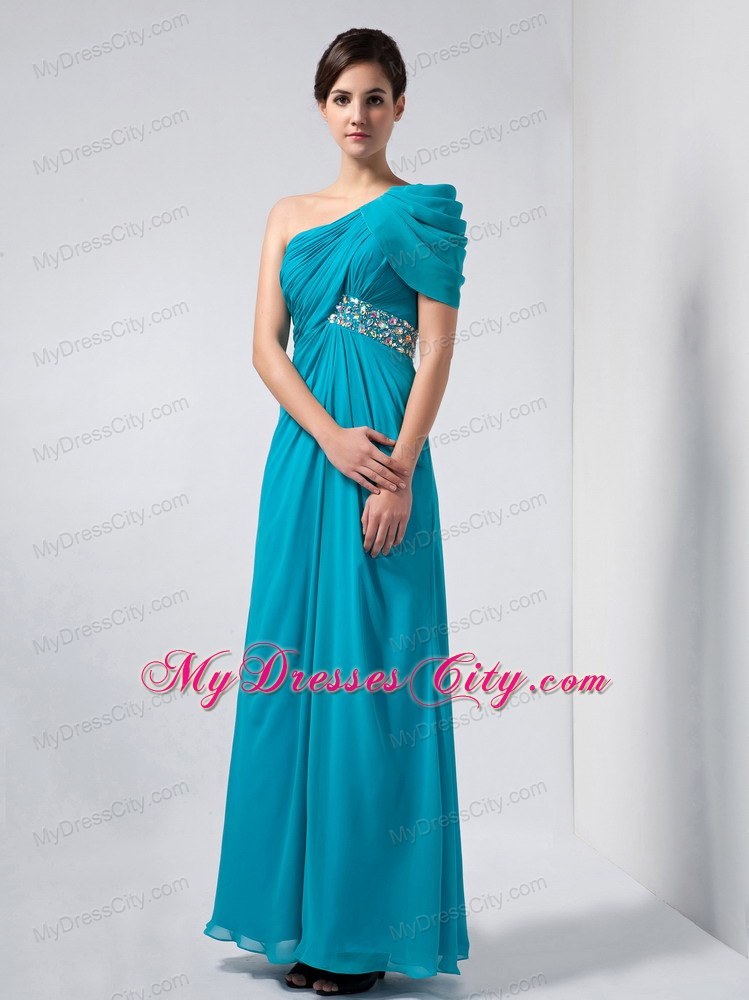 Ruching Beaded One Shoulder Short Sleeve Teal Chiffon Evening Party Dresses