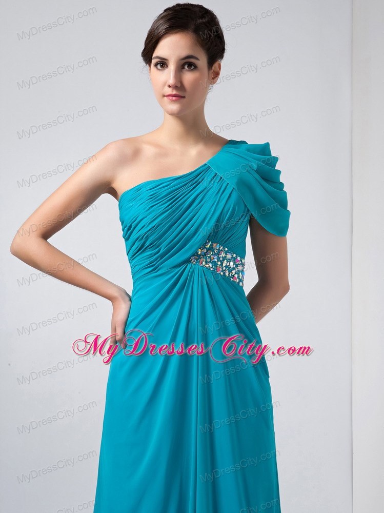 Ruching Beaded One Shoulder Short Sleeve Teal Chiffon Evening Party Dresses