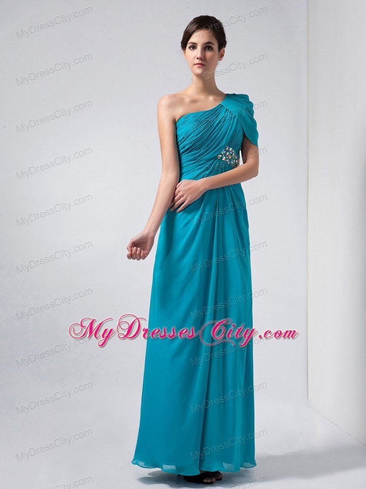 Ruching Beaded One Shoulder Short Sleeve Teal Chiffon Evening Party Dresses