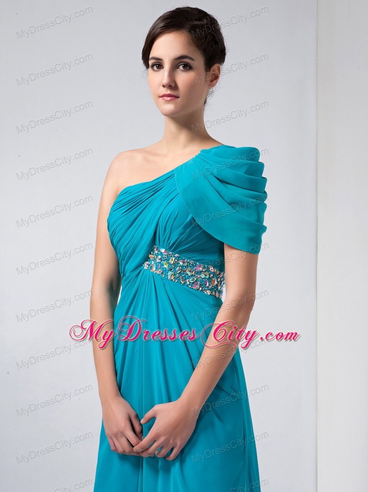 Ruching Beaded One Shoulder Short Sleeve Teal Chiffon Evening Party Dresses