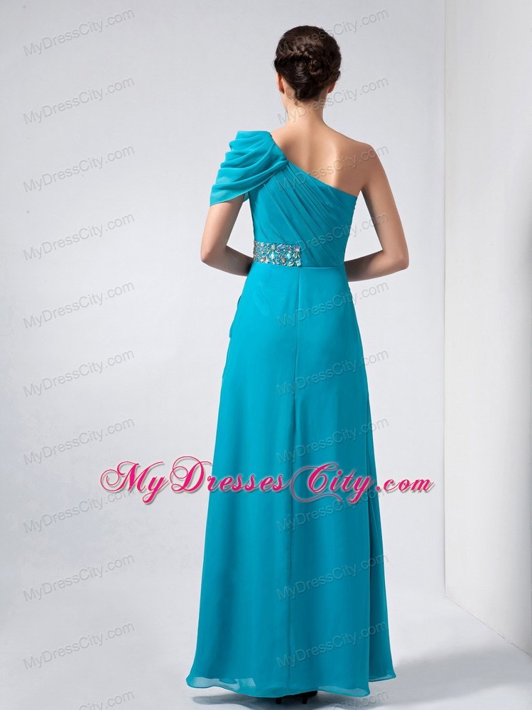 Ruching Beaded One Shoulder Short Sleeve Teal Chiffon Evening Party Dresses