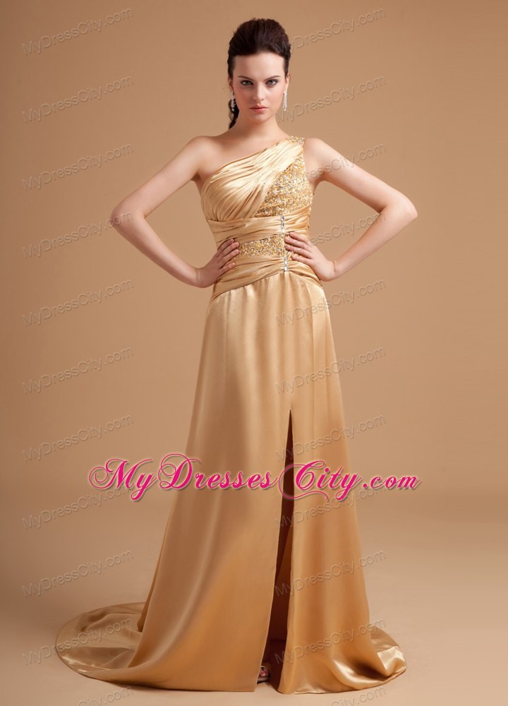 Gold One Shoulder Beaded High Slit Brush Train Evening Party Dresses